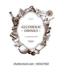 Vector design with hand drawn alcoholic drinks illustration. Vintage beverages sketch background. Retro template
