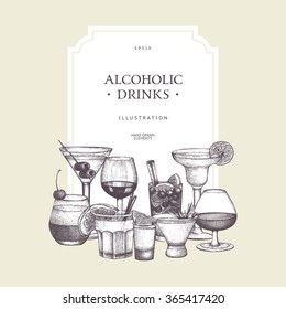 Vector design with hand drawn alcoholic drinks illustration. Vintage beverages sketch background. Retro template
