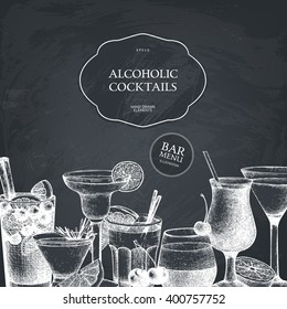 Vector design with hand drawn alcoholic cocktails illustration. Vintage beverages sketch background. Retro drinks template for menu design isolated on chalkboard