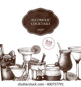 Vector design with hand drawn alcoholic cocktails illustration. Vintage beverages sketch background. Retro drinks template for menu design.