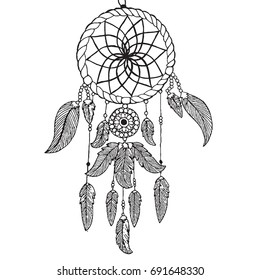 Vector design of hand drawn black and white illustration dream catcher. 