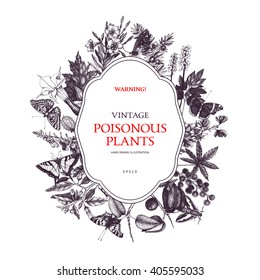 Vector design with hand drawn butterflies and poisonous plants. Vintage noxious plants sketch background. Dangerous flowers retro template isolated on white.