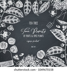 Vector design with hand drawn Chinese tea tree illustration. Decorative inking background with Camellia sinensis in flowers and leaves. Tonic plants vintage template on chalkboard
