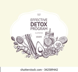 Vector design with hand drawn detox illustration. Organic food sketch background. Effective diet ingredients. Vintage template