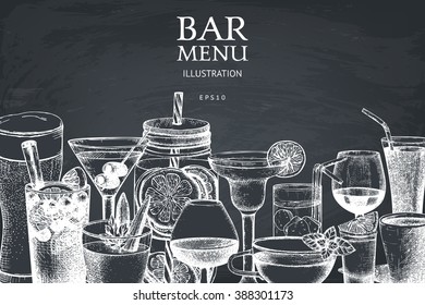 Vector design with hand drawn drinks illustration. Vintage beverages sketch background. Retro template isolated on chalkboard.