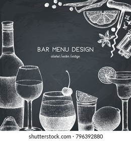 Vector design with hand drawn drinks illustration. Vintage beverages sketch background. Retro template isolated on chalkboard. Restaurant or cafe menu template.