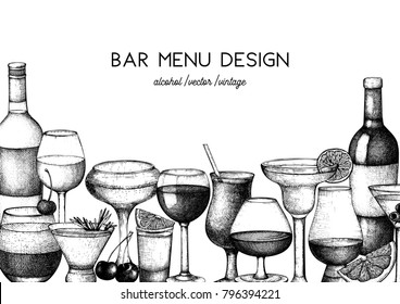 Vector design with hand drawn drinks illustration. Vintage beverages sketch background. Retro menu template for cafe or restaurant