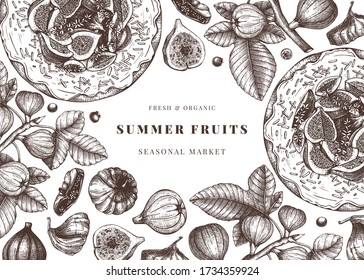 Vector design with hand drawn fig fruit. Vintage frame with botanical illustration of fig branch, fresh and dries fruit, baking cake. Retro template with summer food elements. For menu or recipe book.