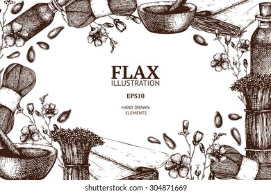 Vector design with hand drawn flax illustration isolated on white. Vintage flax sketch background