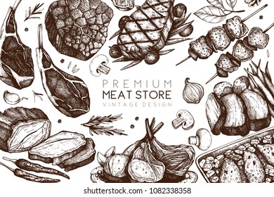 Vector design with hand drawn food illustration.Top view design. Restaurant menu. Meat products collection. Vintage template. 