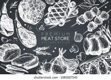 Vector design with hand drawn food illustration. Top view frame on chalkboard. Restaurant menu. Meat products design template. 