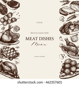 Vector design with hand drawn food illustration. Restaurant menu template. Vintage frame with meat products sketch. 