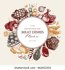 Vector design with hand drawn food illustration. Restaurant menu template. Vintage frame with meat products sketch.