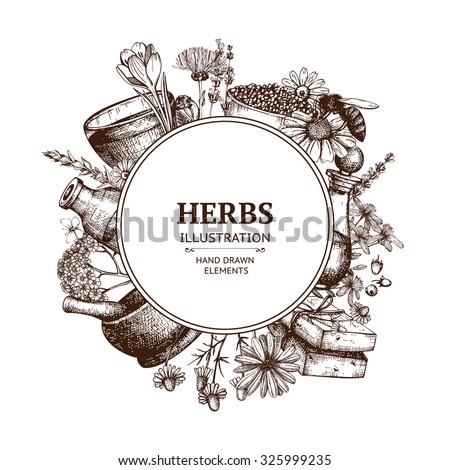 Vector design with hand drawn herbs and cosmetics illustration isolated on white. Organic plants sketch background. Natural cosmetics ingredients. Vintage template