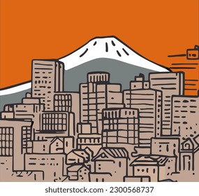 vector design, hand drawn, japan city with mount fuji background, linear style