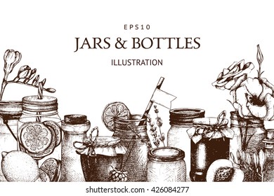 Vector design with hand drawn jars and bottles illustration. Vintage beverages and jam sketch background. Retro template isolated on white.