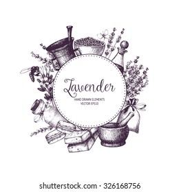 Vector design with hand drawn lavender illustration isolated on white. Organic plants sketch background. Natural cosmetics ingredients. Vintage template