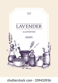 Vector design with hand drawn lavender illustration isolated on white. Organic plants sketch background. Natural cosmetics ingredients. Vintage template