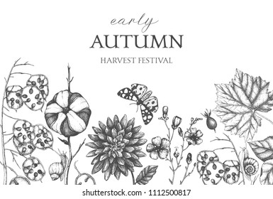 Vector design with hand drawn leaves, flowers, snails, butterflies, and seeds sketches. Autumn nature background. Vintage farm life illustration.