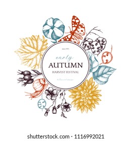 Vector design with hand drawn leaves, flowers, snails, butterflies, and seeds sketches. Autumn nature background. Vintage farm life illustration.