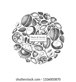 Vector design with hand drawn seeds and nuts sketches. Walnut, hazelnut, almond, chestnut, pine nut, sunflower, pumpkin, flax seeds drawings. Healthy food template. 