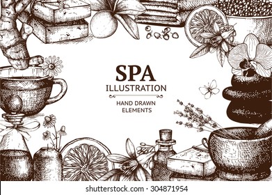 Vector design with  hand drawn spa illustration isolated on white. Spa sketch background with natural cosmetics.