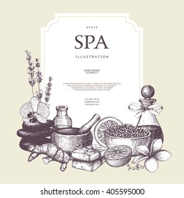 Vector design with hand drawn Spa illustration isolated on white. Beauty sketch background with natural cosmetics. Vintage template with exotic and herbal elements.