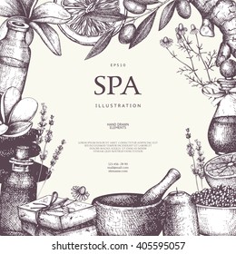 Vector design with hand drawn Spa illustration. Beauty sketch background with natural cosmetics. Vintage template with exotic and herbal elements.