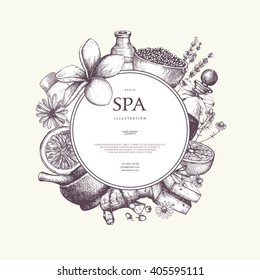 Vector design with hand drawn Spa illustration. Beauty sketch background with natural cosmetics. Vintage template with exotic and herbal elements.