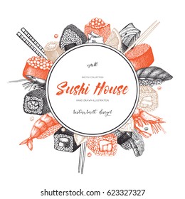 Vector design with  hand drawn sushi roll illustrations. Vintage frame with asian food sketch. Seafood Restaurant menu template design
