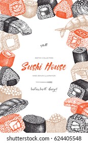 Vector design with  hand drawn sushi roll illustrations. Vintage frame with asian food sketch. Seafood Restaurant menu template design