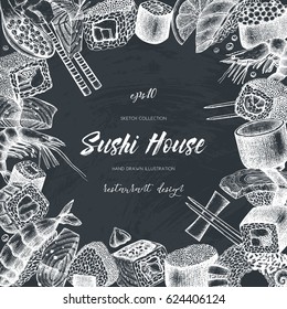 Vector design with hand drawn sushi roll illustrations. Vintage frame with
asian food sketch on blackboard. Seafood Restaurant menu template 