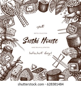 Vector design with  hand drawn sushi roll illustrations. Vintage frame with
asian food sketch. Seafood  Restaurant menu template 