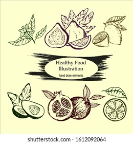 Vector design with hand drawn vegetarian food illustration. Organic and healthy food. Vintage style. Fruit set of seven parts sketches.