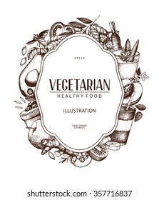 Vector design with hand drawn vegetarian food illustration. Organic food sketch background. Healthy food menu template. Vintage background
