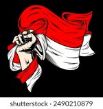 vector design Hand holding the indonesian flag. Longevity Republic of Indonesia. editable vector hand with a red and white flag vector, isolated on black background