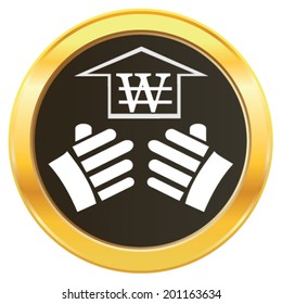 Vector design of hand lifting the growth of north and south Korea currency symbol won representing money on golden web button icon. Vector concept of addiction to choose investment ideas and growth. 