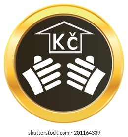 Vector design of hand lifting the growth of Czech Republic currency symbol koruna representing money on golden web button icon. Vector concept of addiction to choose investment ideas and growth. 