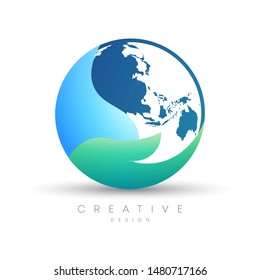 Vector design of a hand logo holding a grain of water with a map of the earth and ocean waves in it.