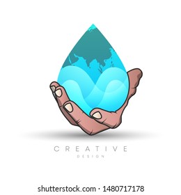 Vector design of a hand logo holding a grain of water with a map of the earth and ocean waves in it.