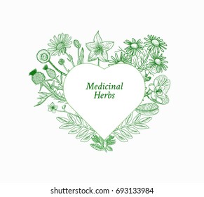 Vector design with hand sketched herbs. Vintage frame heart with medicinal herbs sketch. Vector template isolated on white