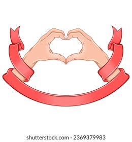 Vector design of hands forming a heart as a symbol of love surrounded by ribbon