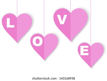 vector design with hanging paper hearts with the word love in silhouette isolated on white background