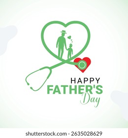 Vector design of a Happy Father’s Day celebration with a medical twist, showing a heart-shaped stethoscope and a father holding child’s hand. Perfect for hospitals, clinics, healthcare campaigns
