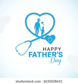 Vector design of a Happy Father’s Day celebration with a medical twist, showing a heart-shaped stethoscope and a father holding child’s hand. Perfect for hospitals, clinics, healthcare campaigns