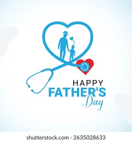 Vector design of a Happy Father’s Day celebration with a medical twist, showing a heart-shaped stethoscope and a father holding child’s hand. Perfect for hospitals, clinics, healthcare campaigns
