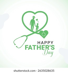 Vector design of a Happy Father’s Day celebration with a medical twist, showing a heart-shaped stethoscope and a father holding child’s hand. Perfect for hospitals, clinics, healthcare campaigns