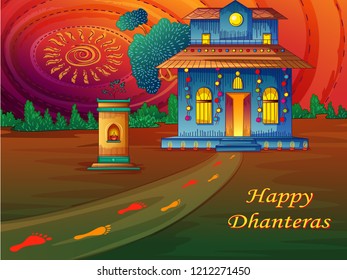 Vector design of Happy Dhanteras India festival greeting background in Indian art style