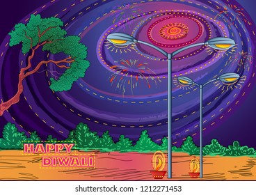 Vector design of Happy Diwali India festival greeting background in Indian art style