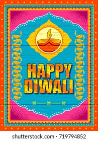 Vector design of Happy Diwali India festival greeting background in Indian truck kitsch art style